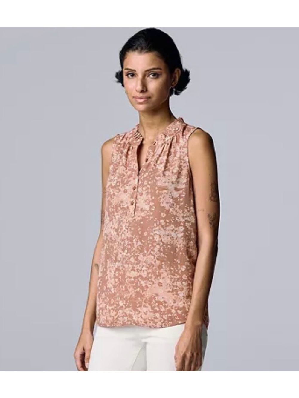 Simply Vera Vera Wang Dusty Rose Floral Ruffle-Neck Sleeveless Top